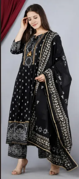 Women's Black Printed Anarkali Kurta with Pants Set view 2
